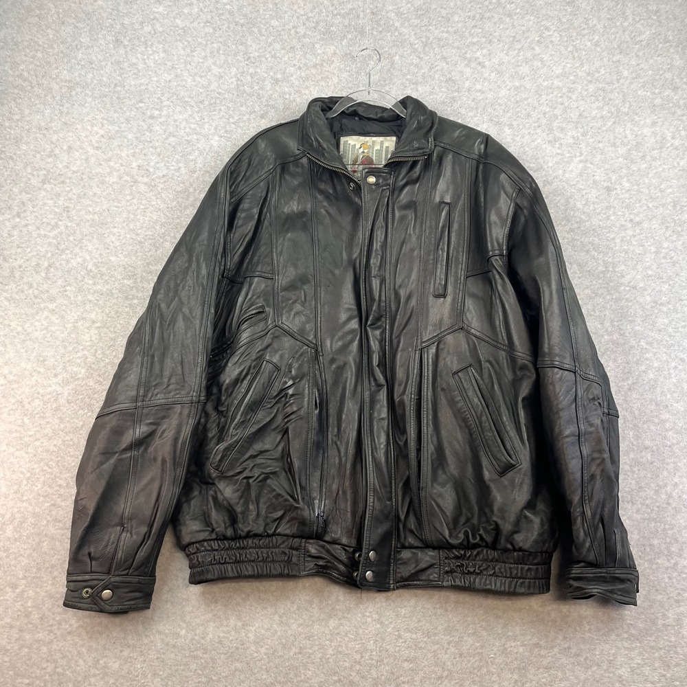 Black Vintage Worn‎ Leather XL Jacket Urban Cowboy Coat Zip Button Closure